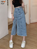 Summer Plus Size 5xl Μακριά τζιν Γυναικεία φούστα με κορδόνι τζιν Γυναικεία φούστα σε ίσια πλευρά, μοιρασμένη σε γραμμή Α Pencil φούστα Y2k