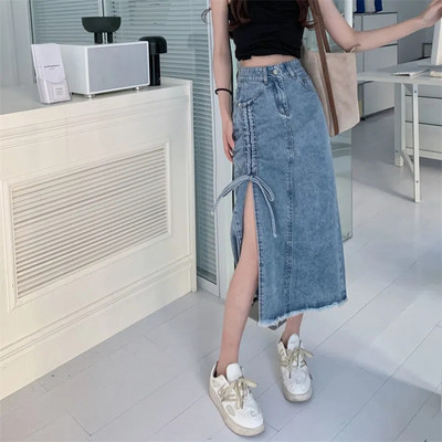 Summer Plus Size 5xl Μακριά τζιν Γυναικεία φούστα με κορδόνι τζιν Γυναικεία φούστα σε ίσια πλευρά, μοιρασμένη σε γραμμή Α Pencil φούστα Y2k