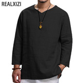 Καλοκαιρινό καθημερινό πουκάμισο Ανδρικό μακρυμάνικο βαμβακερό λινό πουκάμισο με λαιμόκοψη σε V-λαιμόκοψη Φούτερ μπλούζα μονόχρωμη μπλούζα μάρκας φαρδιά μπλούζες