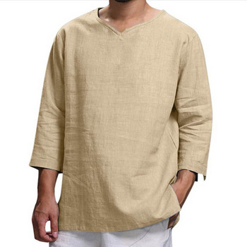 Летни ежедневни ризи Мъжка памучна ленена риза с V-образно деколте с дълги ръкави Суичър с улично облекло Едноцветна блуза Марка Свободни топове
