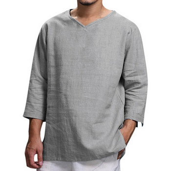 Летни ежедневни ризи Мъжка памучна ленена риза с V-образно деколте с дълги ръкави Суичър с улично облекло Едноцветна блуза Марка Свободни топове