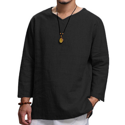 Καλοκαιρινό καθημερινό πουκάμισο Ανδρικό μακρυμάνικο βαμβακερό λινό πουκάμισο με λαιμόκοψη σε V-λαιμόκοψη Φούτερ μπλούζα μονόχρωμη μπλούζα μάρκας φαρδιά μπλούζες