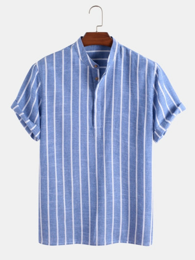 Мъжко облекло Лято 2022 г. Нова мъжка риза с половин копче на райета Мода Camisas с къс ръкав Para Hombre