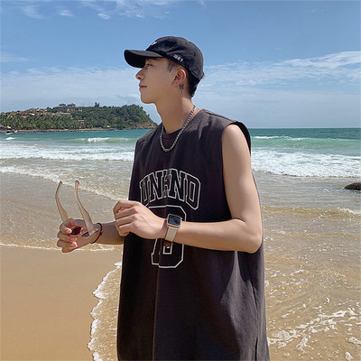 Ανδρικά καλοκαιρινά φανελάκια παραλίας 2023 Κορέας Fashion αμάνικο πουκάμισο φαρδύ εσώρουχο 100% βαμβακερό γιλέκο ανδρικό, καθημερινά γιλέκα διακοπών Μαύρο