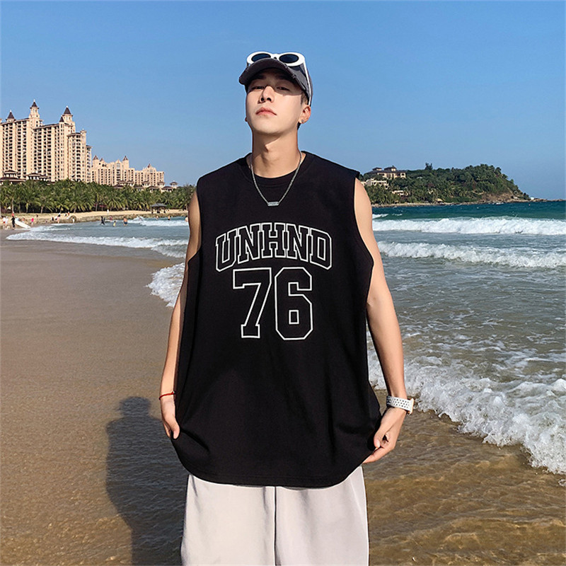 Ανδρικά καλοκαιρινά φανελάκια παραλίας 2023 Κορέας Fashion αμάνικο πουκάμισο φαρδύ εσώρουχο 100% βαμβακερό γιλέκο ανδρικό, καθημερινά γιλέκα διακοπών Μαύρο