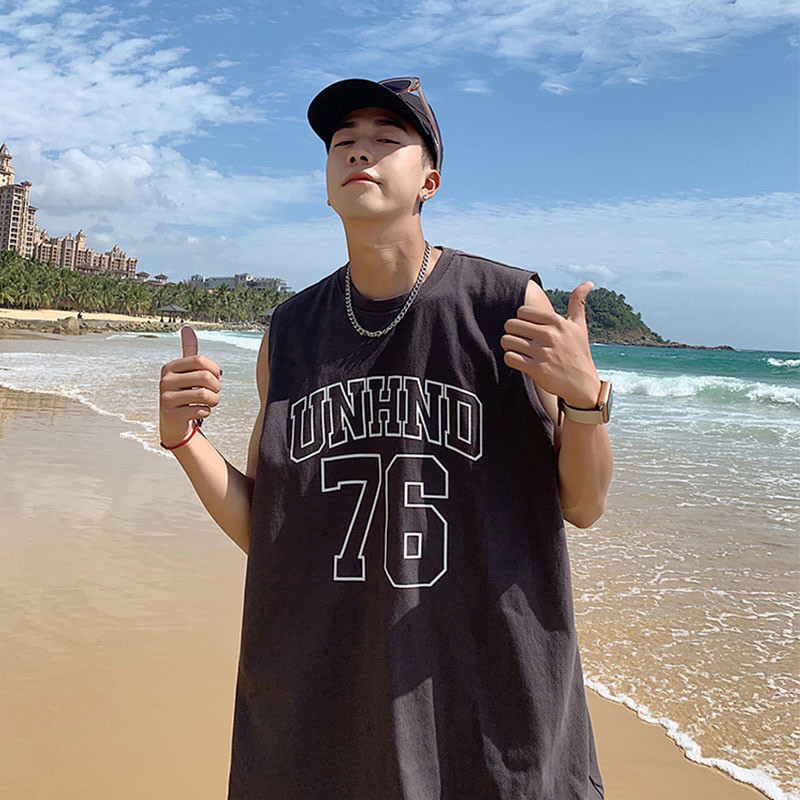 Ανδρικά καλοκαιρινά φανελάκια παραλίας 2023 Κορέας Fashion αμάνικο πουκάμισο φαρδύ εσώρουχο 100% βαμβακερό γιλέκο ανδρικό, καθημερινά γιλέκα διακοπών Μαύρο