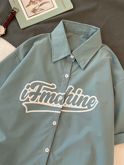 Πουκάμισο Vintage Letter Κορεατική Niche Designer Trend Μπλούζα με κοντό μανίκι χιπ χοπ ρετρό στυλ Hong Kong Casual Preppy πουκάμισο
