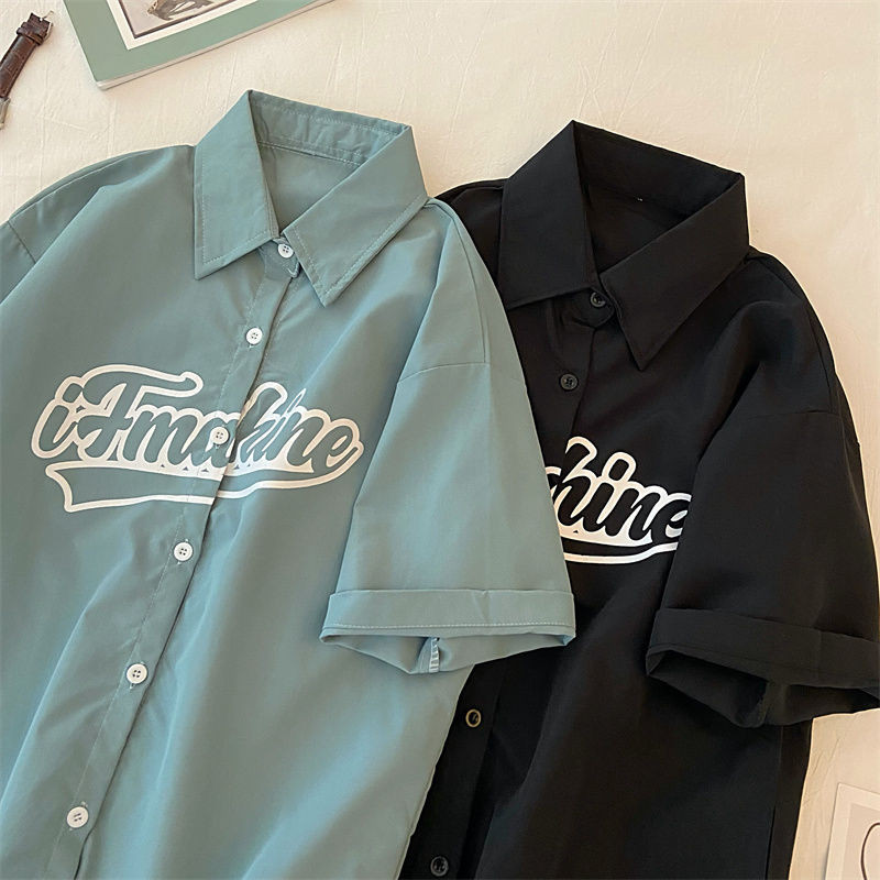 Πουκάμισο Vintage Letter Κορεατική Niche Designer Trend Μπλούζα με κοντό μανίκι χιπ χοπ ρετρό στυλ Hong Kong Casual Preppy πουκάμισο