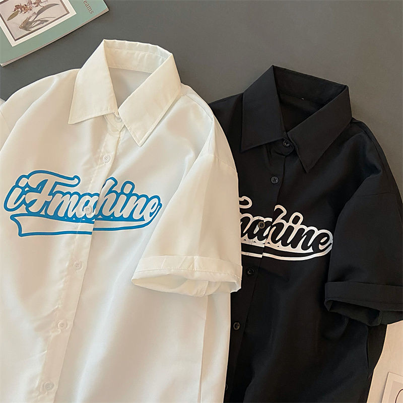 Πουκάμισο Vintage Letter Κορεατική Niche Designer Trend Μπλούζα με κοντό μανίκι χιπ χοπ ρετρό στυλ Hong Kong Casual Preppy πουκάμισο