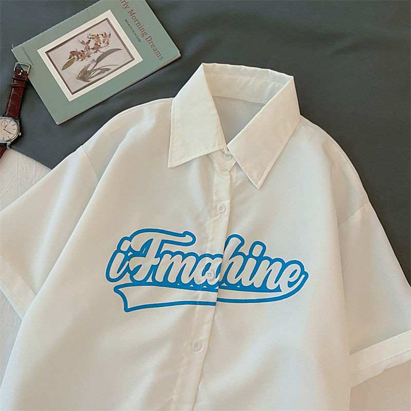 Πουκάμισο Vintage Letter Κορεατική Niche Designer Trend Μπλούζα με κοντό μανίκι χιπ χοπ ρετρό στυλ Hong Kong Casual Preppy πουκάμισο