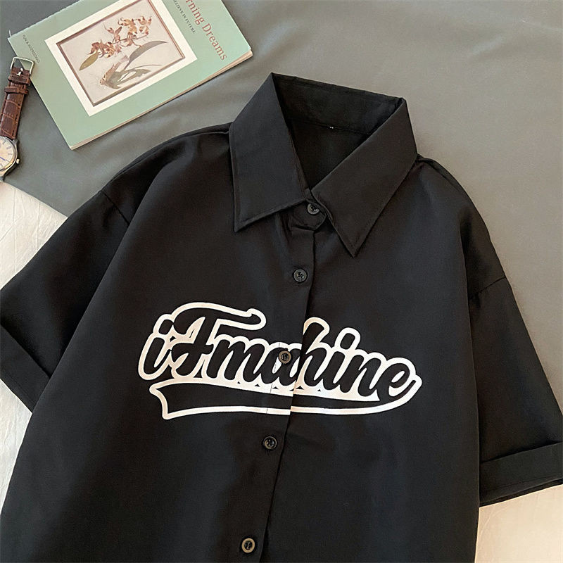 Πουκάμισο Vintage Letter Κορεατική Niche Designer Trend Μπλούζα με κοντό μανίκι χιπ χοπ ρετρό στυλ Hong Kong Casual Preppy πουκάμισο