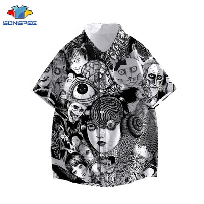 Junji Ito Vīriešu krekls Šausmu Manga Daudzas sejas 3D Print Havaju krekls Vasaras ikdienas pludmales krekli ar īsām piedurknēm Hip Hop Apģērbs