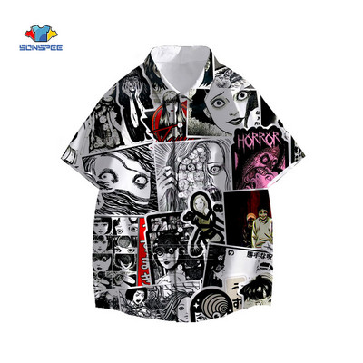 Junji Ito Vīriešu krekls Šausmu Manga Daudzas sejas 3D Print Havaju krekls Vasaras ikdienas pludmales krekli ar īsām piedurknēm Hip Hop Apģērbs