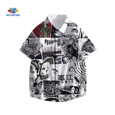 Junji Ito Vīriešu krekls Šausmu Manga Daudzas sejas 3D Print Havaju krekls Vasaras ikdienas pludmales krekli ar īsām piedurknēm Hip Hop Apģērbs