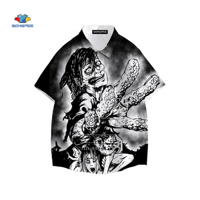 Junji Ito Vīriešu krekls Šausmu Manga Daudzas sejas 3D Print Havaju krekls Vasaras ikdienas pludmales krekli ar īsām piedurknēm Hip Hop Apģērbs