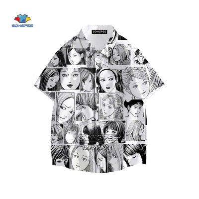 Junji Ito Vīriešu krekls Šausmu Manga Daudzas sejas 3D Print Havaju krekls Vasaras ikdienas pludmales krekli ar īsām piedurknēm Hip Hop Apģērbs