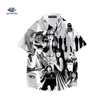 Junji Ito Vīriešu krekls Šausmu Manga Daudzas sejas 3D Print Havaju krekls Vasaras ikdienas pludmales krekli ar īsām piedurknēm Hip Hop Apģērbs