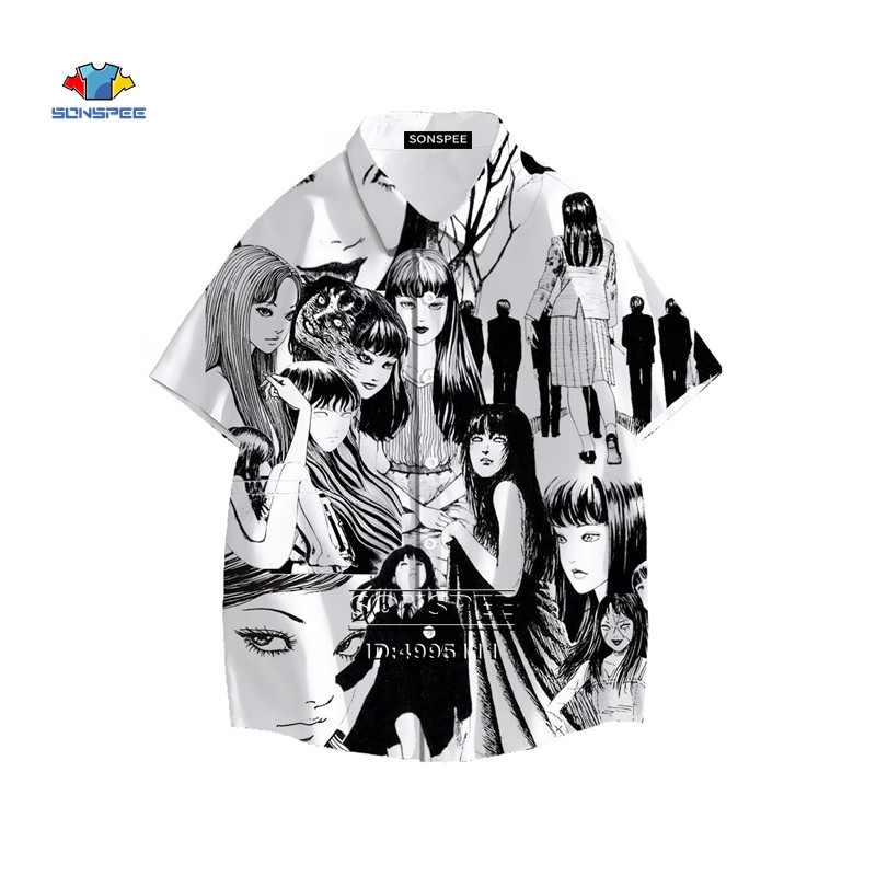 Junji Ito Vīriešu krekls Šausmu Manga Daudzas sejas 3D Print Havaju krekls Vasaras ikdienas pludmales krekli ar īsām piedurknēm Hip Hop Apģērbs