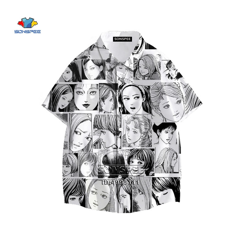 Junji Ito Vīriešu krekls Šausmu Manga Daudzas sejas 3D Print Havaju krekls Vasaras ikdienas pludmales krekli ar īsām piedurknēm Hip Hop Apģērbs