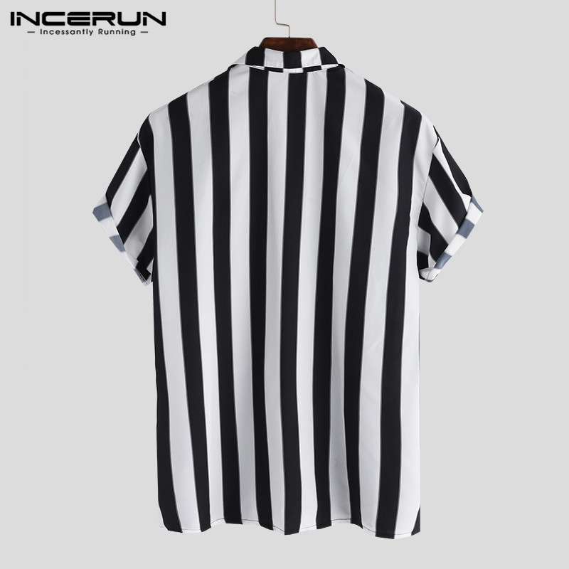 INCERUN Vīriešu svītrains krekls ikdienas krekls ar atloku kakla izgriezumā ar īsām piedurknēm pogas zīmola krekls elegants, brīvs ielas apģērbs, brīvdienu blūze, 2023. g.