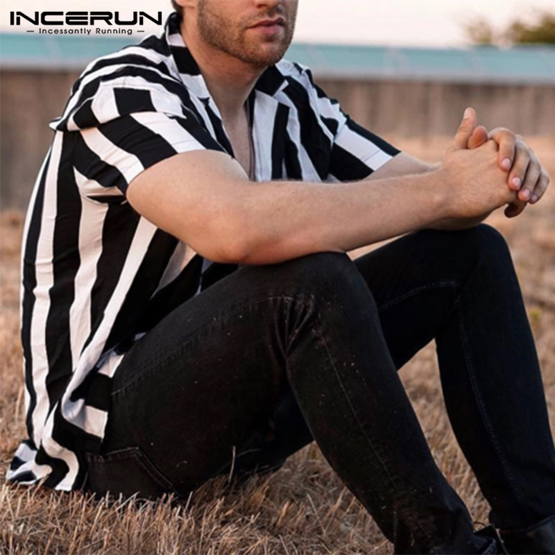 INCERUN Vīriešu svītrains krekls ikdienas krekls ar atloku kakla izgriezumā ar īsām piedurknēm pogas zīmola krekls elegants, brīvs ielas apģērbs, brīvdienu blūze, 2023. g.