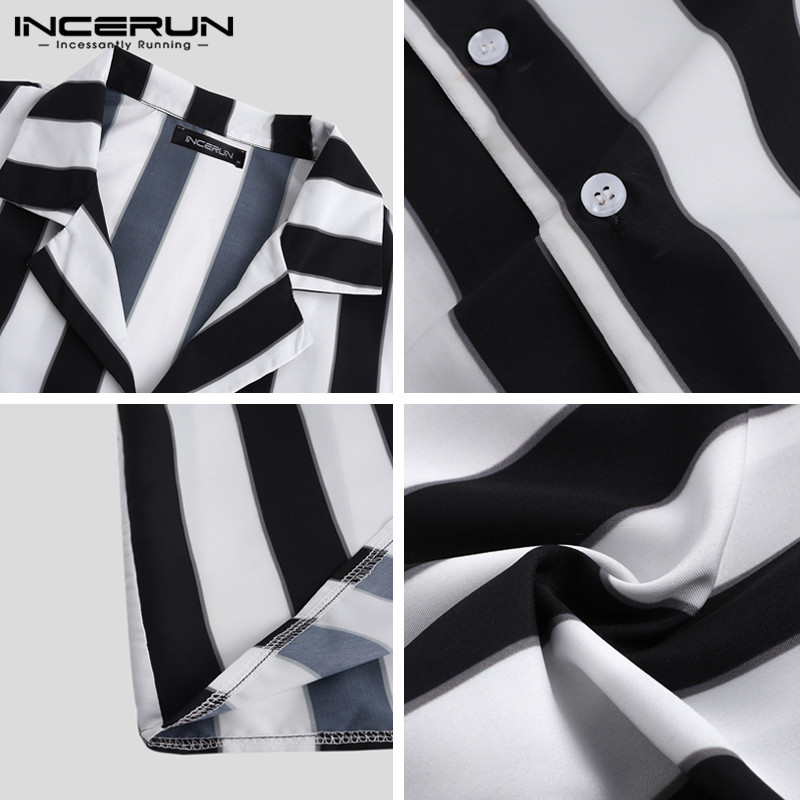 INCERUN Vīriešu svītrains krekls ikdienas krekls ar atloku kakla izgriezumā ar īsām piedurknēm pogas zīmola krekls elegants, brīvs ielas apģērbs, brīvdienu blūze, 2023. g.