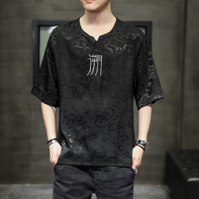 Mode ikdienišķs pavasaris vasara plāns brīvs temperaments vīrietis vienkāršība krekli Skaisti vīriešu apģērbi ar īsām piedurknēm poga V veida kakla izgriezumā