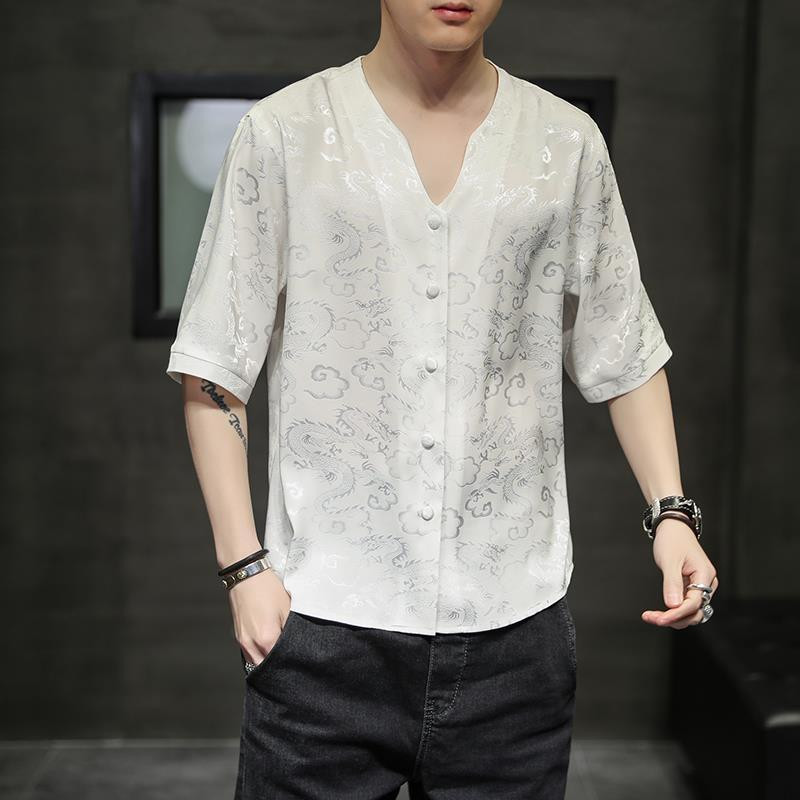 Mode ikdienišķs pavasaris vasara plāns brīvs temperaments vīrietis vienkāršība krekli Skaisti vīriešu apģērbi ar īsām piedurknēm poga V veida kakla izgriezumā