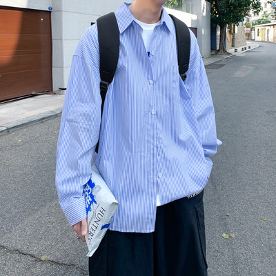 Márka férfi koreai divatos hosszú ujjú ingek 2023 tavaszi nyár férfi csíkos kék vintage ing Férfi pamut gombos blúz 5XL