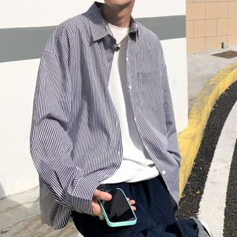 Márka férfi koreai divatos hosszú ujjú ingek 2023 tavaszi nyár férfi csíkos kék vintage ing Férfi pamut gombos blúz 5XL