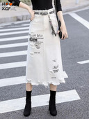 Ulična odjeća Y2k Ženska jeans suknja s grubim rubovima i velikim rupama Proljetne midi suknje s patentnim zatvaračem visokog struka Harajuku široke suknje