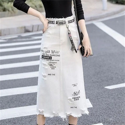 Ulična odjeća Y2k Ženska jeans suknja s grubim rubovima i velikim rupama Proljetne midi suknje s patentnim zatvaračem visokog struka Harajuku široke suknje