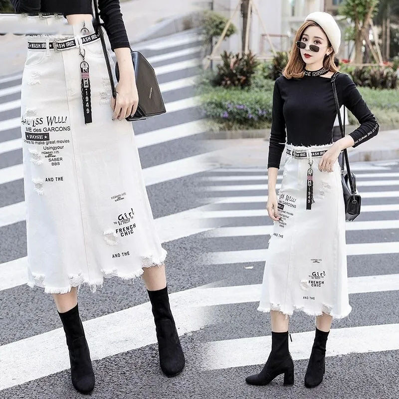 Ulična odjeća Y2k Ženska jeans suknja s grubim rubovima i velikim rupama Proljetne midi suknje s patentnim zatvaračem visokog struka Harajuku široke suknje