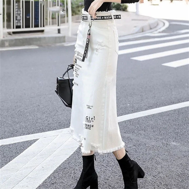 Ulična odjeća Y2k Ženska jeans suknja s grubim rubovima i velikim rupama Proljetne midi suknje s patentnim zatvaračem visokog struka Harajuku široke suknje