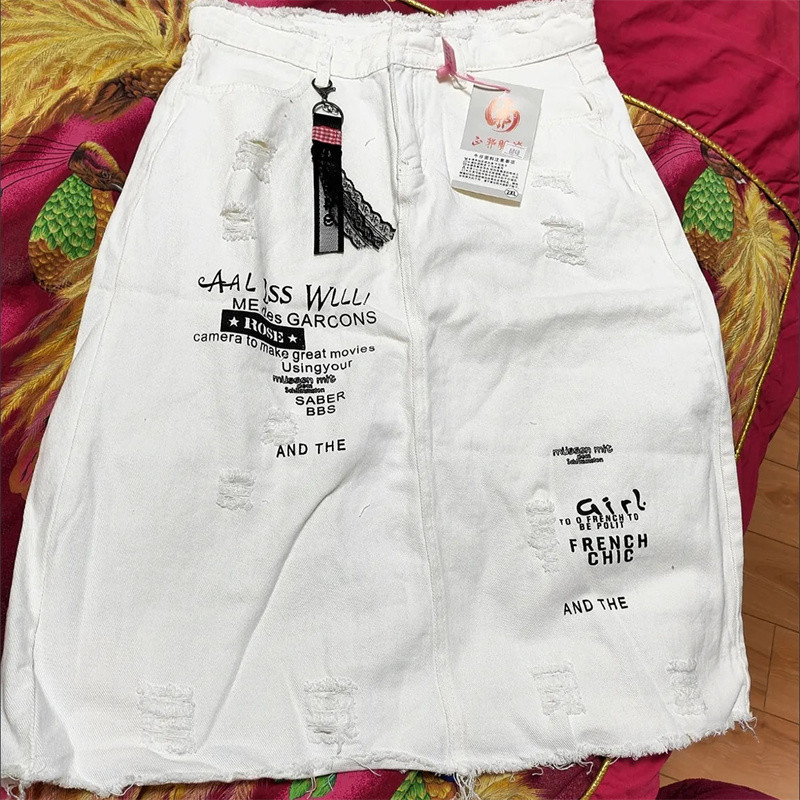 Ulična odjeća Y2k Ženska jeans suknja s grubim rubovima i velikim rupama Proljetne midi suknje s patentnim zatvaračem visokog struka Harajuku široke suknje