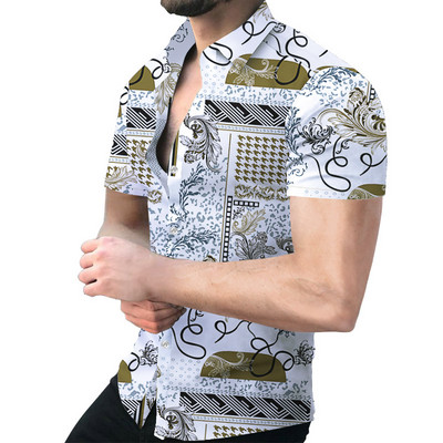 2022-es Fashion Nation Style nyári férfi ing fekete nyomtatással lehajtható galléros rövid ujjú bő hawaii alkalmi ing