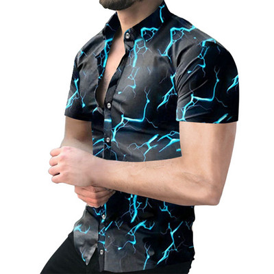 2022-es Fashion Nation Style nyári férfi ing fekete nyomtatással lehajtható galléros rövid ujjú bő hawaii alkalmi ing