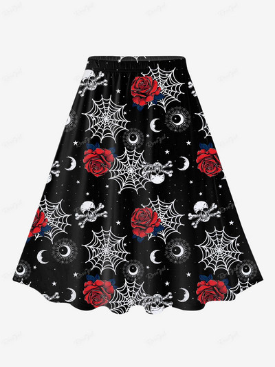 ROSEGAL Plus μέγεθος Gothic φούστες 3D Building Skull Spider Web Moon Print Φούστα μέχρι το γόνατο Ελαστική μέση ελαστικό γυναικείο πάτο