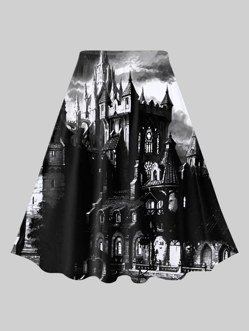 ROSEGAL Fuste Gotice Dimensiuni Plus 3D Construcție Craniu Pânză De Păianjen Moon Print Fusta până la genunchi Talie elastică Pantaloni de damă elastici