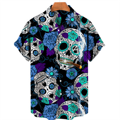 Ανδρικά πουκάμισα Χαβάης πουκάμισα 3d print Skull Summer casual αναπνεύσιμα κοντά μανίκια 2022 Νέα ανδρικά μπλουζάκια με μονό στήθος 5xl