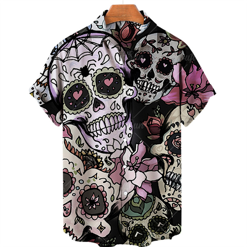 Ανδρικά πουκάμισα Χαβάης πουκάμισα 3d print Skull Summer casual αναπνεύσιμα κοντά μανίκια 2022 Νέα ανδρικά μπλουζάκια με μονό στήθος 5xl