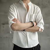 Ανδρικό πουκάμισο λινό γιακά καλοκαιρινή βάση Ανδρική μπλούζα Casual Μπλούζα μονόχρωμη μπλούζα τριών τετάρτων για άντρες Χαλαρό βαμβακερό λινό πουκάμισο M-4XL