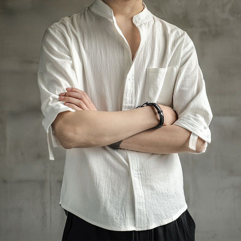 Ανδρικό πουκάμισο λινό γιακά καλοκαιρινή βάση Ανδρική μπλούζα Casual Μπλούζα μονόχρωμη μπλούζα τριών τετάρτων για άντρες Χαλαρό βαμβακερό λινό πουκάμισο M-4XL