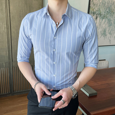 Nyári új karcsú szabású 3/4 ujjú férfi csíkos ing koreai divat gombos harajuku blúz
