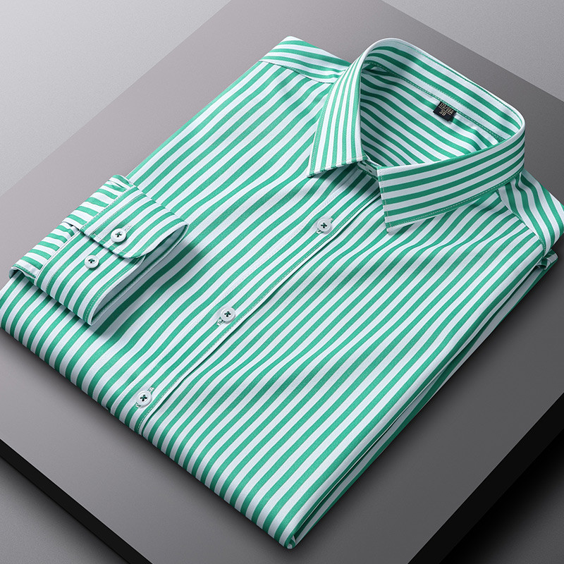 Ανδρικό Stretch ριγέ πουκάμισο με μακρύ μανίκι, χωρίς σιδερένιο κουμπί, ριγέ, επαγγελματικό επίσημο πουκάμισο, κανονική εφαρμογή Κομψό ανδρικό πουκάμισο