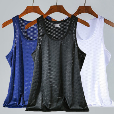 Men`s Casual Tank Summer Bodybuilding Fitness Muscle Singlet Man`s Clothes Sleeveless Slim Fit Vest Mesh Quick-Drying Vest Hot