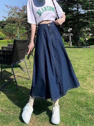 GIDYQ Koreai Női Farmer szoknyák Rugalmas Magas Derék Egy vonal Farmer Hosszú Szoknyák Kék Molett Pamut Női Szoknyák Új 5Xl