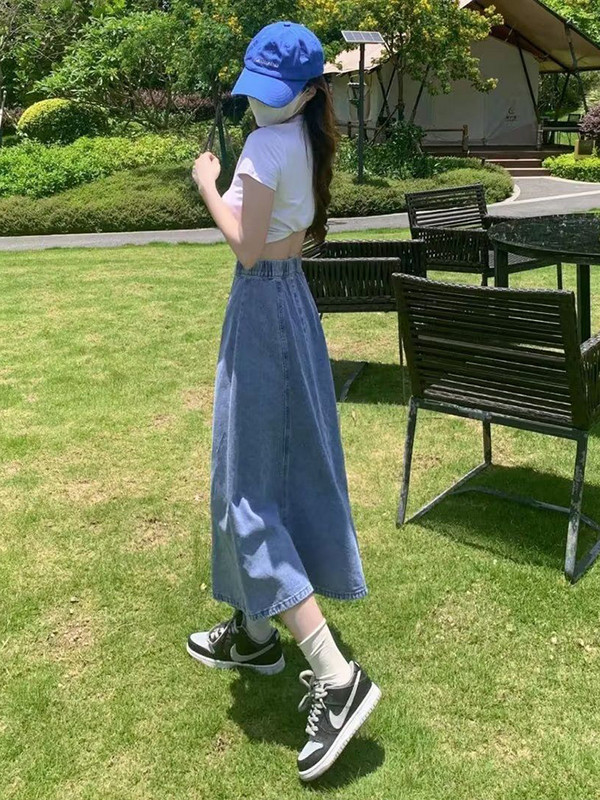 GIDYQ Koreai Női Farmer szoknyák Rugalmas Magas Derék Egy vonal Farmer Hosszú Szoknyák Kék Molett Pamut Női Szoknyák Új 5Xl