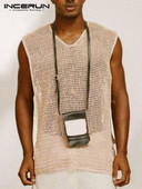 Férfi felsők, hálós ujjatlan, O-nyakú utcai viselet, fűzős, átlátszó mellény, lélegző, 2023-as, oldalt osztott szexi férfi ruházat INCERUN