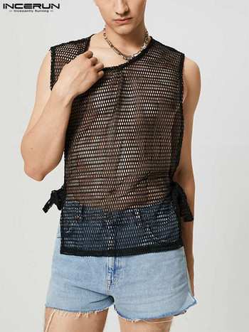 Ανδρικά μπλουζάκια με δίχτυ αμάνικα streetwear με λαιμόκοψη με κορδόνια See Through γιλέκα Breathable 2023 Split στο πλάι Σέξι ανδρικά ρούχα INCERUN